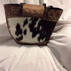 Distressed Brown Leather And Jersey Hide Tote Bag