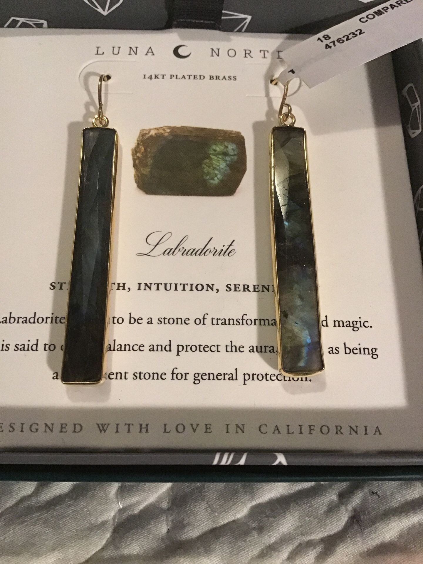 BY LUNA NORTE 14 k PLATED. BRASS EARRINGS WITH LABRADORITE STONES BEAUTIFUL !!