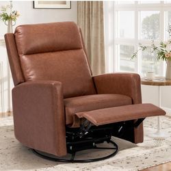 Brand New Swivel Rocking Recliner, Wide PU Leather Glider Sofa Chair with Ergonomic High Backrest for Living Room, Office, Bedroom (Cocoa)