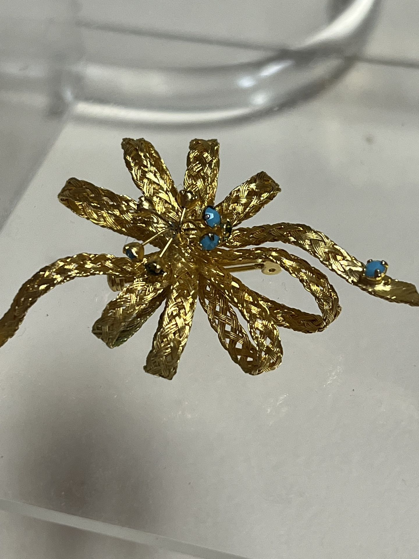 Vintage Woven Gold Thread Ribbon BROOCH, Crystal, Costume Jewelry