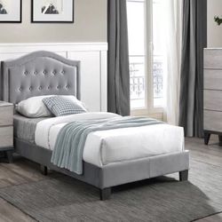 New Twin Size Bed With Adjustable Headboard,  Comes With Mattress Grey Color 