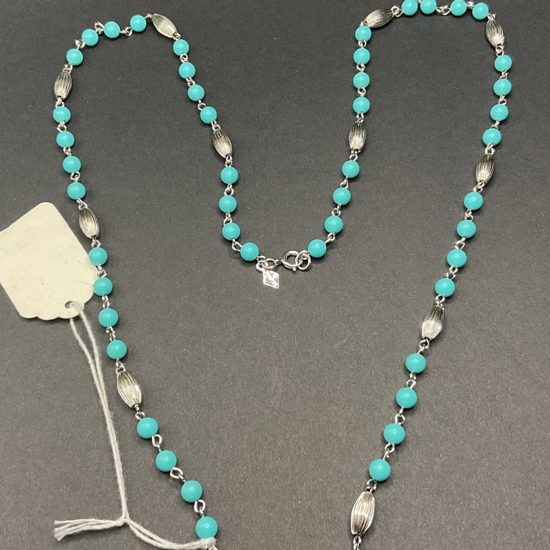 30” SilverTone And Turquoise Beaded Necklace,by Sarah Cov