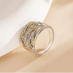 2 Tone Intertwined Crossover Statement Ring - Fashion Chunky Band Rings for Women Black Gold Silver Rose Gold Plated Wide Index Finger Rings 
