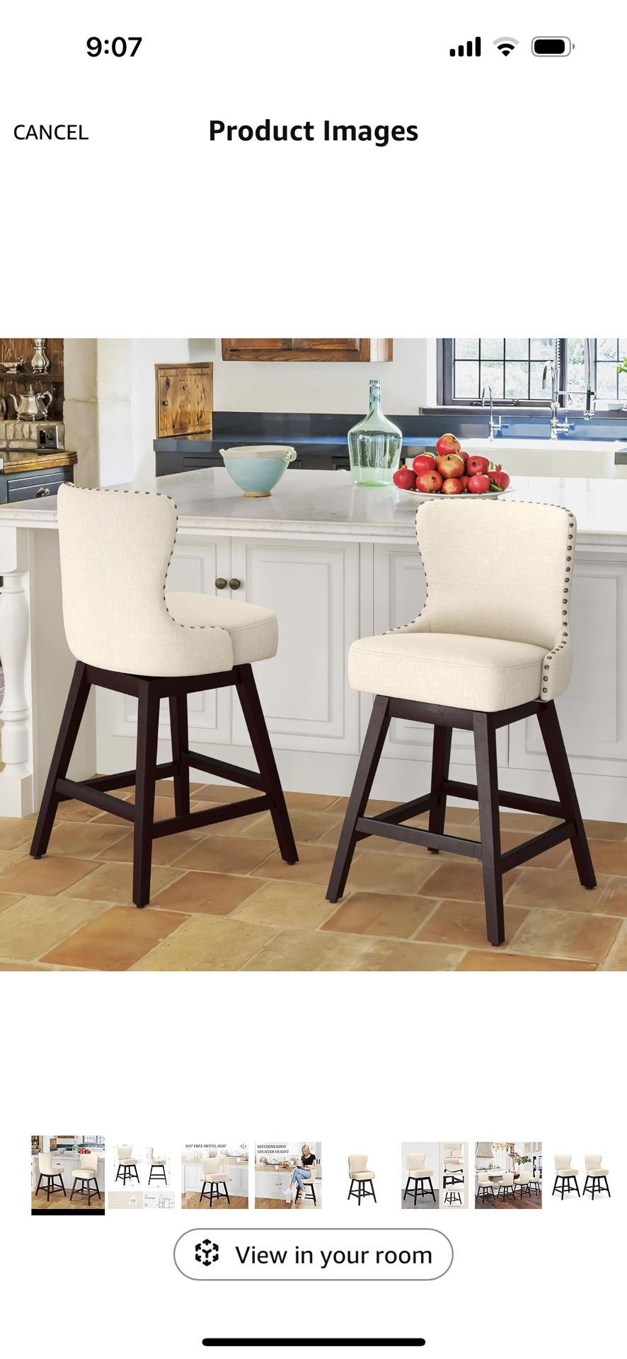 Counter Height Bar Stools Set of 2, 26" H Swivel Bar Stool with Back, Linen Fabric Counter Stool, Solid Wood Legs, Retro Upholstered Barstools for Kit