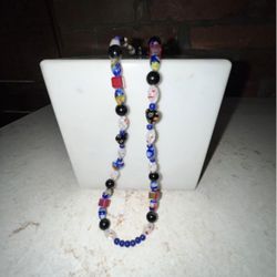 Vintage Millefiori Art Glass Bead Necklace 22" Long Red White Blue Hearts Boho