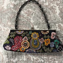 Beautiful Embroidered Clutch Featuring A Beaded Chain Strap And A Kiss- Lock Closure.