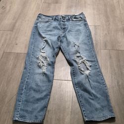Oasis by Eunina Jeans Blue Denim Mid Rise Destroyed Straight Jeans Size 15 31x27