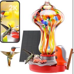 Glass Smart Hummingbird Feeder with 2K HD Camera Solar Powered - AI Identify & Water Detection, Instant Notification, Leakproof & Ant Moat, Work with 