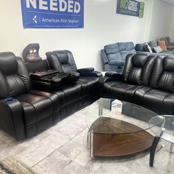 Black Leather Dual Power Recliner Sofa & Loveseat With Drop Down Console - We Deliver & Finance 🔥🚚🔥👍🏼💡