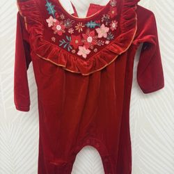 NEW NWT Mud Pie Baby Velvet Embroidered Poinsettia 3/6m Holiday Christmas 