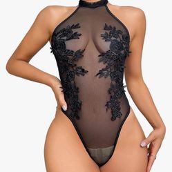 Sexy Halter Sheer Applique Floral Malla Lencería Teddy Body Top Una Pieza