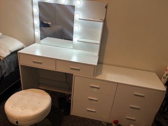 White Vanity Desk with Lighted Mirror + 6DR Dresser Attached