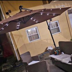 10 Foot 360° Adjustable Large Patio Umbrella Solar LED Lights w/ Weighted Sand Base