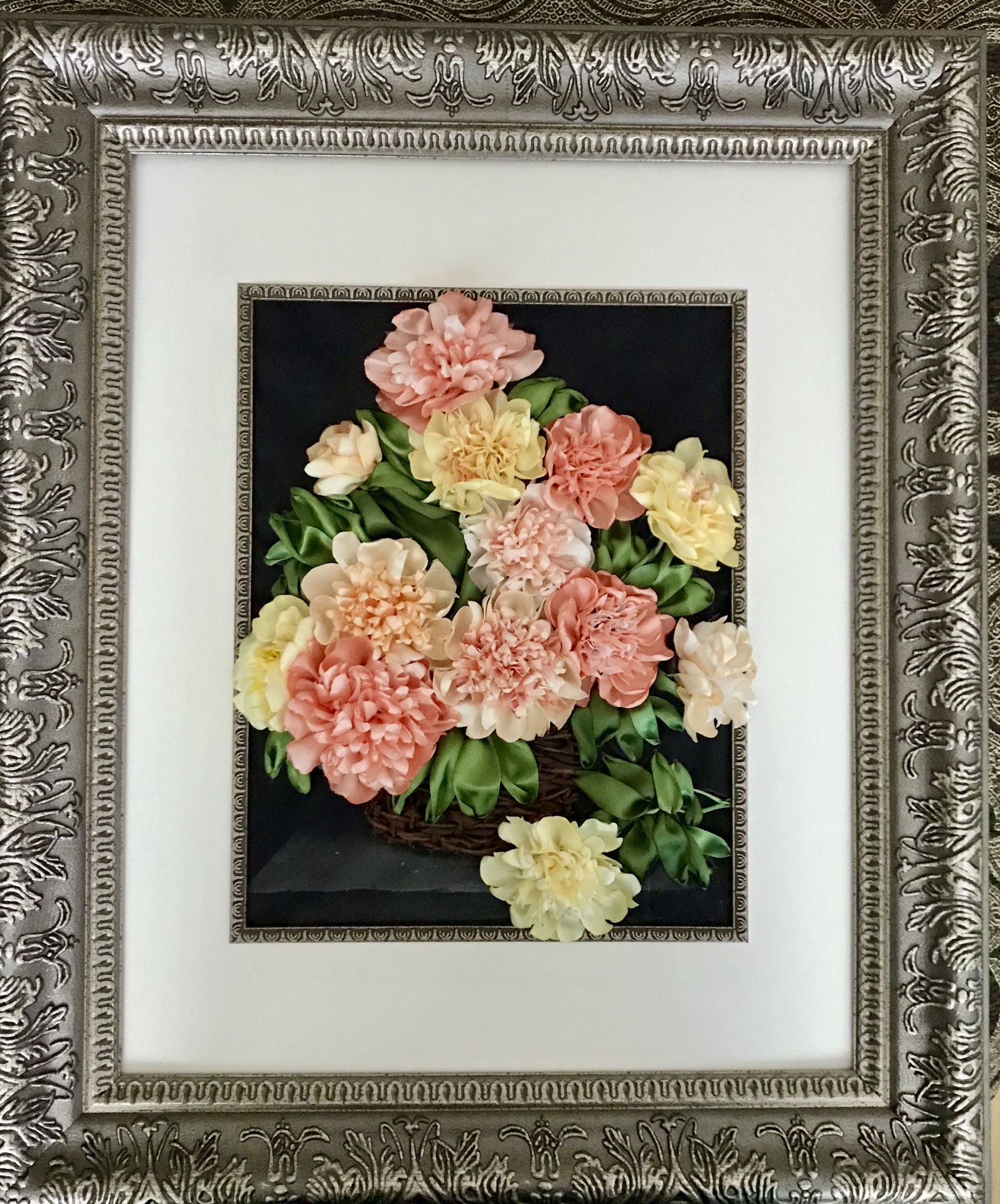 Framed Floral 3D Wall Art, Ribbon Embroidery