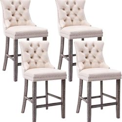 Velvet Bar Stools Set of 4, 27" Padded Counter Height Bar Stools with Button and Nailhead Trim, Bar Stool with Back and Wooden Legs, for Kitchen, Cafe