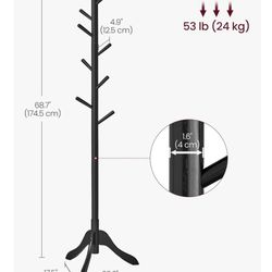VASAGLE Solid Wood Free Standing Tree-Shaped Coat Rack with 8 Hooks - Black