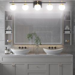 (New in Box) Ralbay Mid Century Modern Vanity Light Fixture 5 Light Milky Glass Globe Modern Bathroom Light Fixture Over Mirror, Black/Golden Bathroom