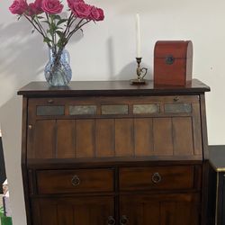 Rustic Drop-Front Secretary Desk Cabinet with Slate Inlay & Storage
