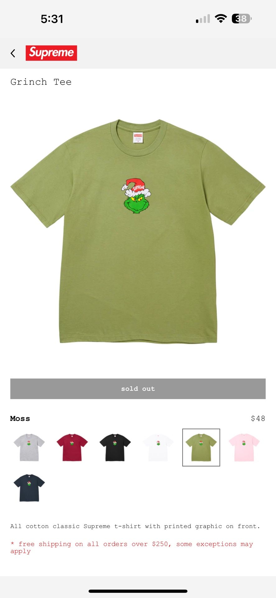Supreme Grinch Tee Moss XL