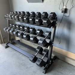 New Rubber Hex Dumbbells 5lbs-50lbs/Dumbbell rack included/ Gym Equipment/Weights/Exercise/Training 