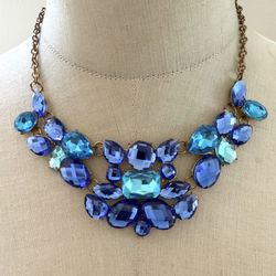 Blue Statement Bib Necklace Faceted Crystal  Gold Tone