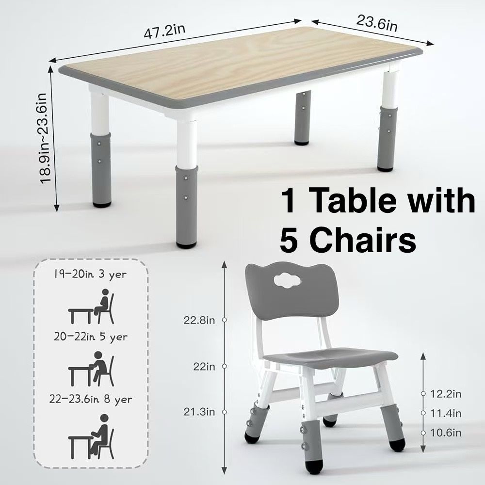🥨Kids Table and 5Chairs Set, Height Adjustable Children Table & Chair,Toddlers Study Multi-Activity Table with 47.2"x23.6" Wipe-Clean Desktop 