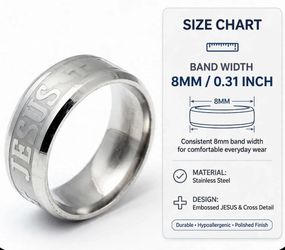 Jesus Ring - Stainless Steel Silver 8mm Cross Band - Sizes 6-13 - New