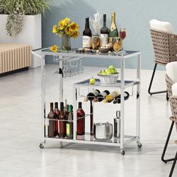 3-Tier Rolling Bar Cart, Silver Metal