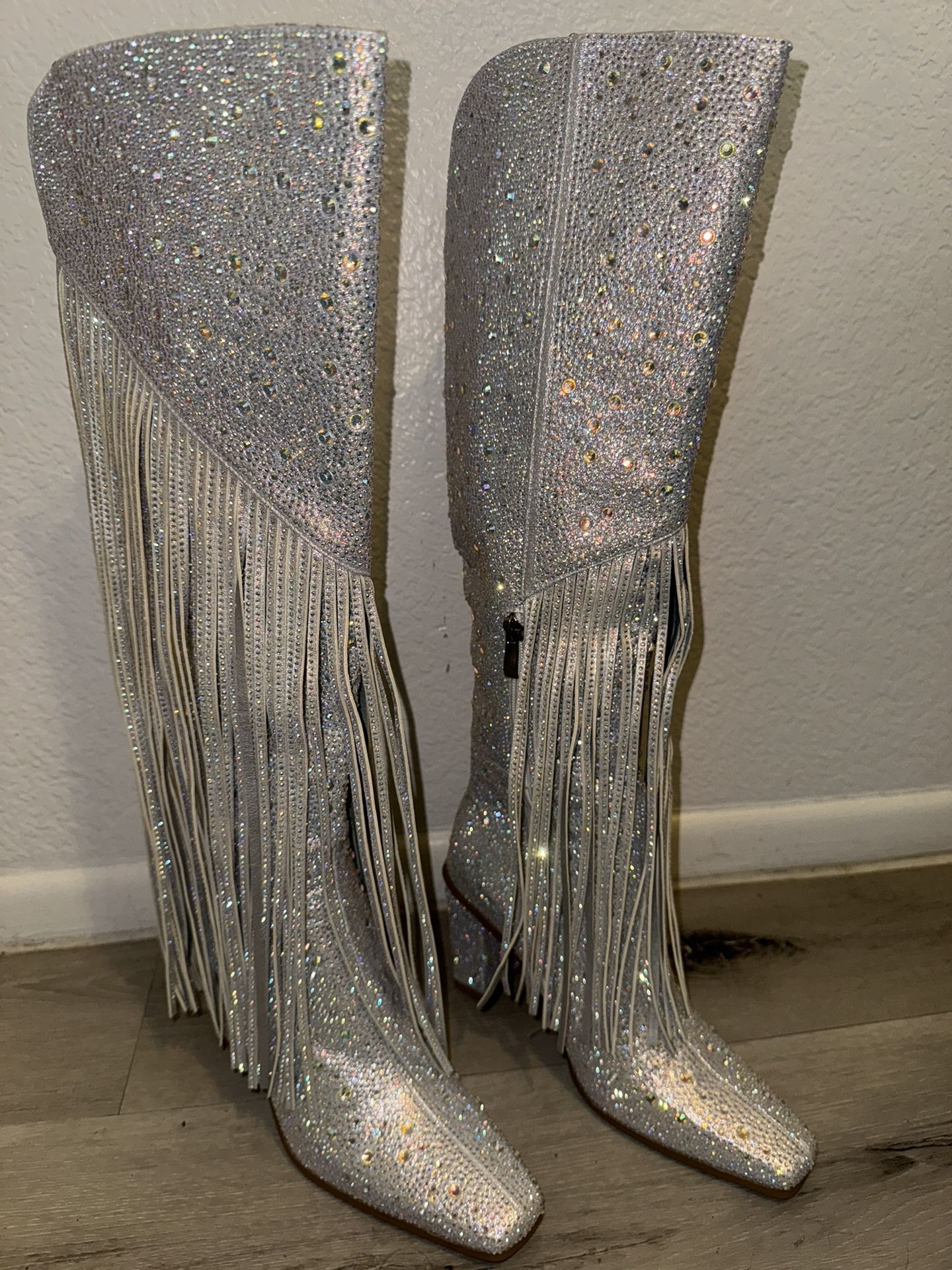 Women's Chunky Heel Crystal Tassel Fringe Knee High Boots