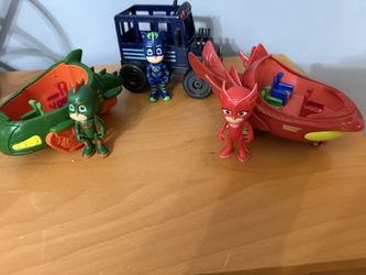 LOT of Disney Jr. PJ Mask 3 Vehicles 3 Figures Red Owlette, Green Gecko,Catboy