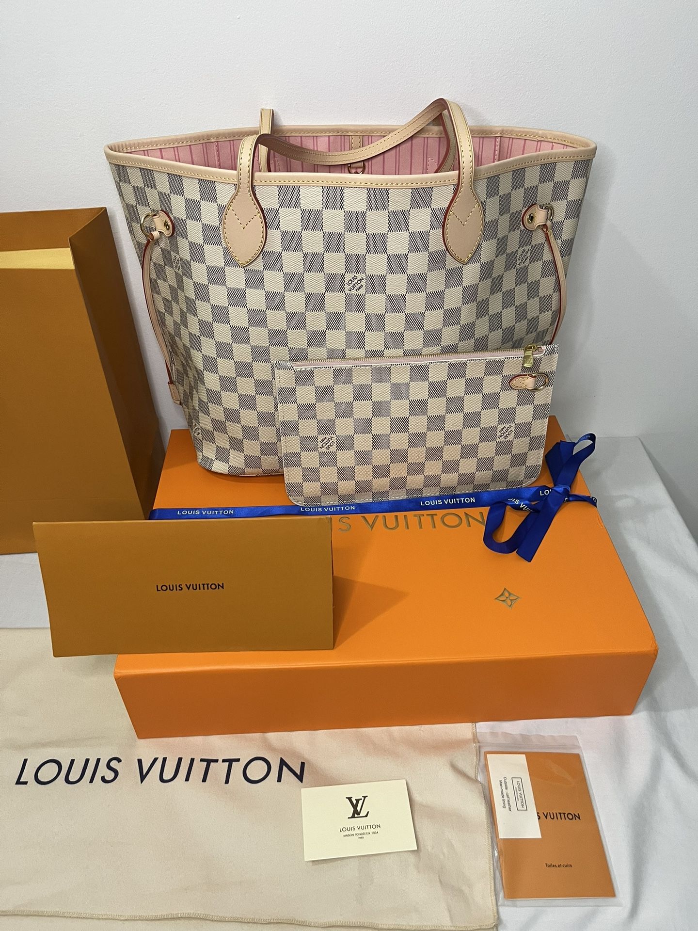New Authentic Louis Vuitton Damier Azur Rose Ballerine/Pink Interior MM Neverfull Handbag   