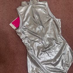 New Medium silver stretchy metallic rave festival bodysuit space costume outfit