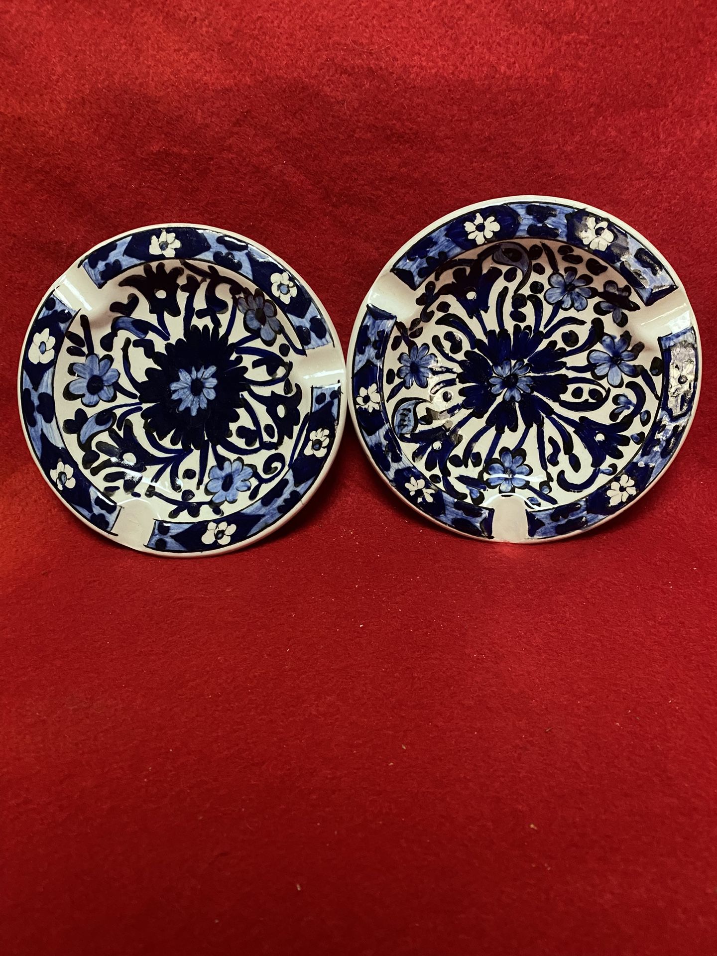 Set of 2 5.25 Inch Handmade Hand Painted Dark Blue Ceramic Greek Floral Design Ashtrays Imported From Greece