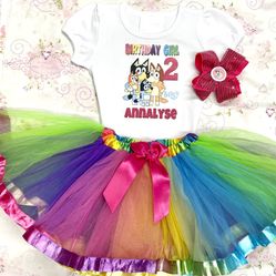 Bluey family outfit 2nd birthday tutu dress two pieces personalized with number and name and headband from bluey family from 1 year to 12 years