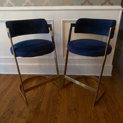 Set of two designer blue velvet bar stools