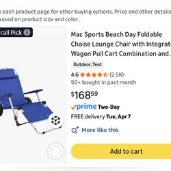 Beach Chair with Integrated Wagon Pull Cart Combination and Heavy Wheels