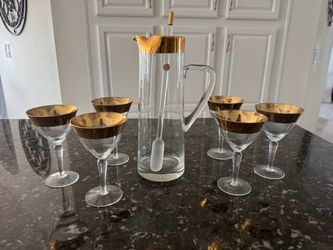 Vintage 1960s Romanian Crystal Martini Set with Original Stir Stick - MCM Gold