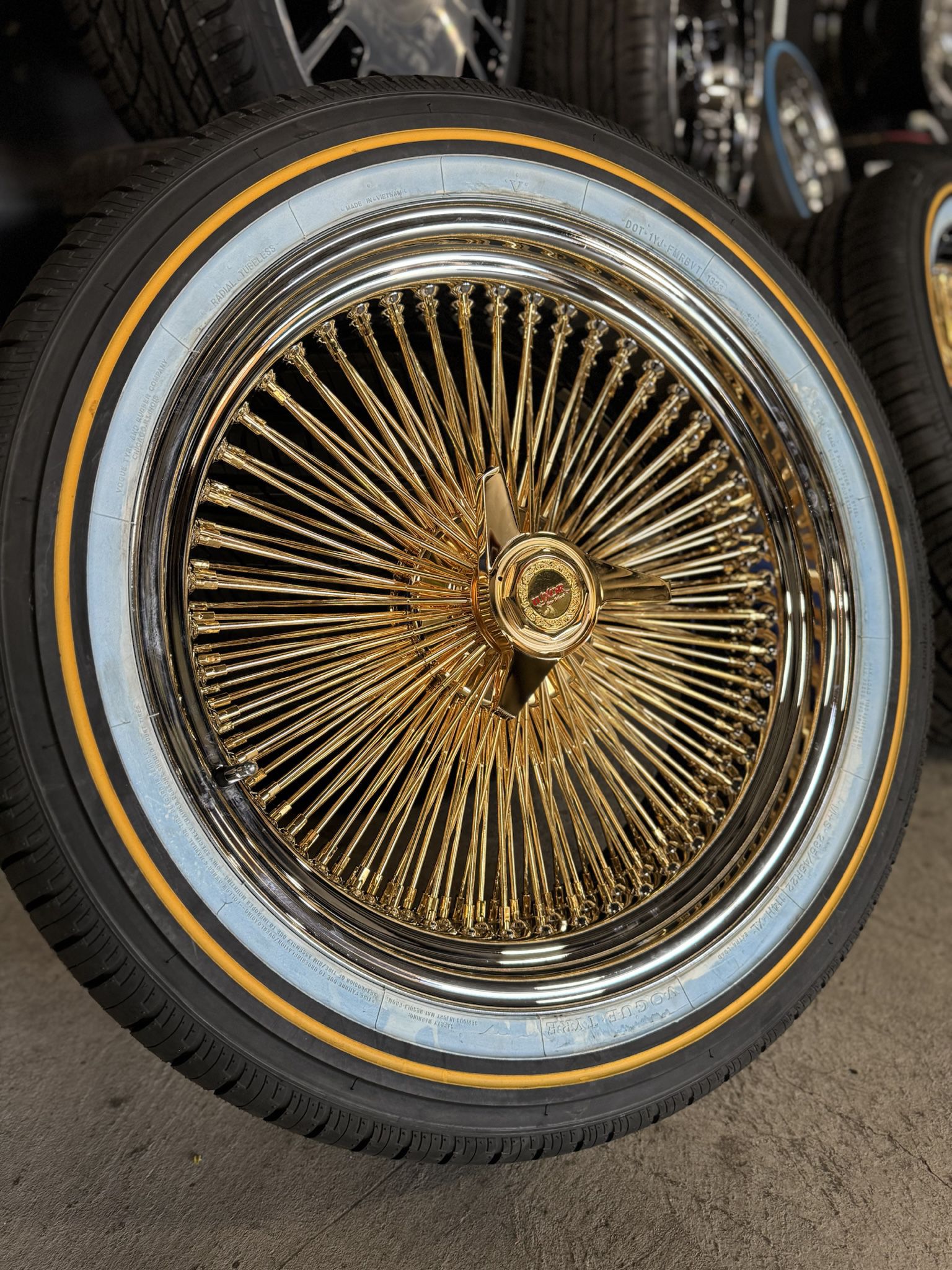 22” Center Gold 150 Spoke Wire Wheels 285/45R22 Vogue Tires we finance 