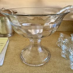 Vintage Art Deco Glass Punch Bowl with Stand, 8 Cups and Ceramic Ladle