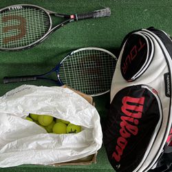 Tennis Bag, Box Of Tennis Balls, and 2 Tennis Rackets