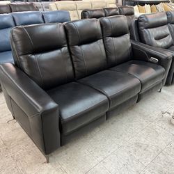 Black Genuine Leather Power Reclining Sofa 