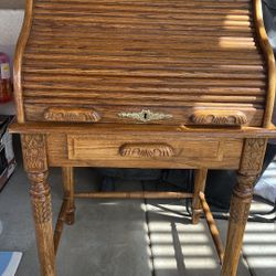 Vintage Wooden Desk With Rolling Cover, Original Key Lock, and Drawers