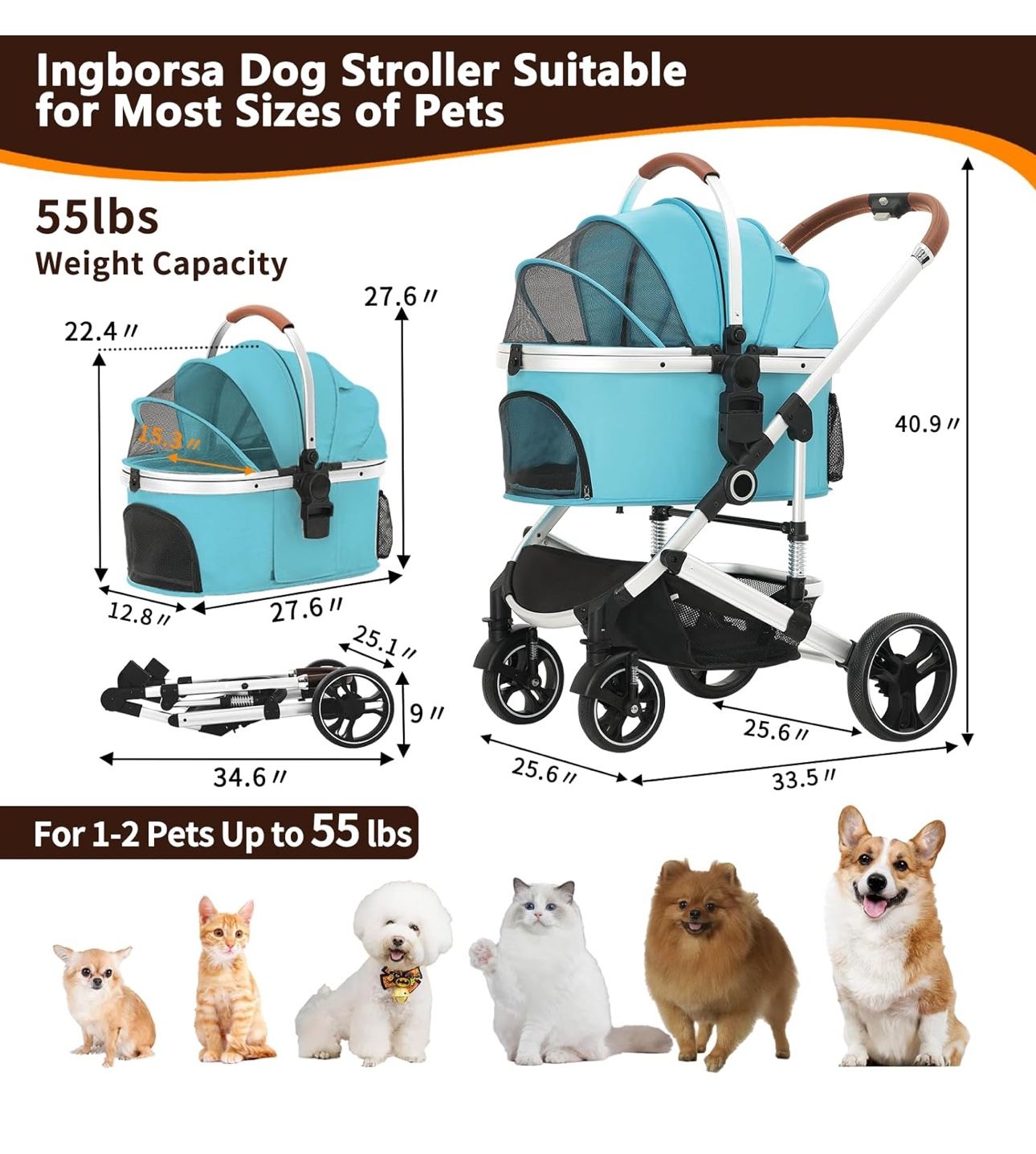 Ingborsa Pet Stroller 3 in 1 Folding Lightweight Dog Stroller with Detachable Carrier & Storage Basket, Premium 4 Wheels Travel Stroller for Puppies,