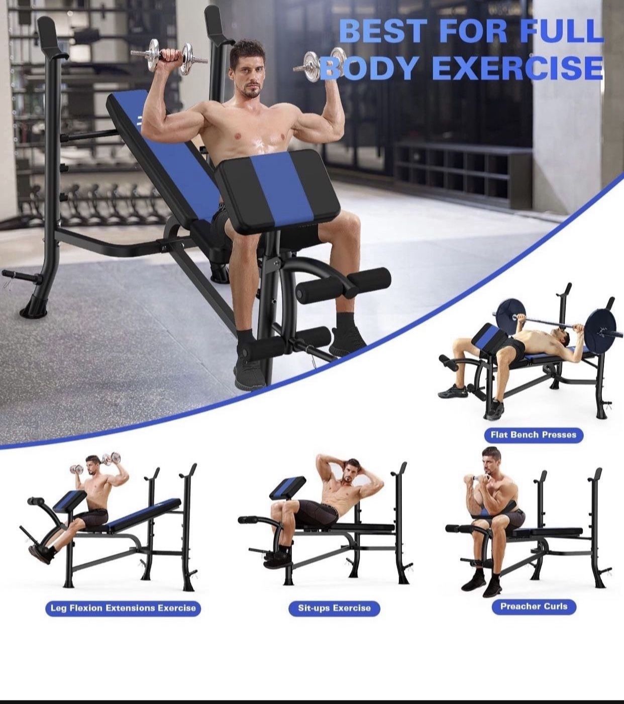 Olympic Weight Bench with Rack , Bench Press Rack with Leg Extension, Preacher Curl, and Weight Storage for Home Gym Weight Lifting and Strength Train