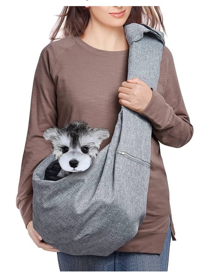 Dog Cat Sling Carrier Adjustable Padded Shoulder Strap with Mesh Pocket for Outdoor Travel (Grey, L - 8 to 15 lbs)