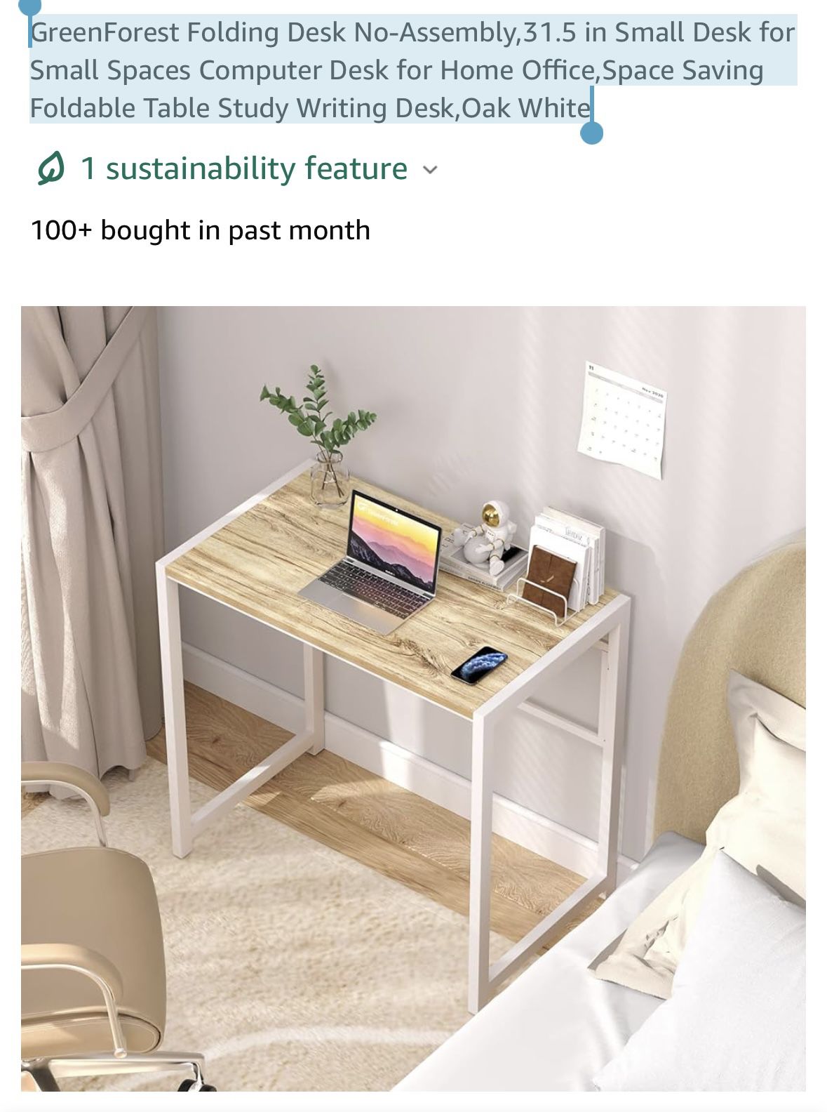 GreenForest Folding Desk No-Assembly,31.5 in Small Desk for Small Spaces Computer Desk for Home 