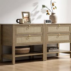 Set of 2,Night Stand with Drawers and Storage Shelf - Large Nightstands Rattan Decor Boho Bedside Table Narrow Side Table for Bedroom,