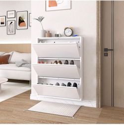 LUCYPAL Shoe Cabinet Storage for Entryway,Slim Wall Shoe Cabinets with 3 Flip Drawers,Metal Shoe Cabinet for Living Room,Bedroom,Apartment,White 43" H