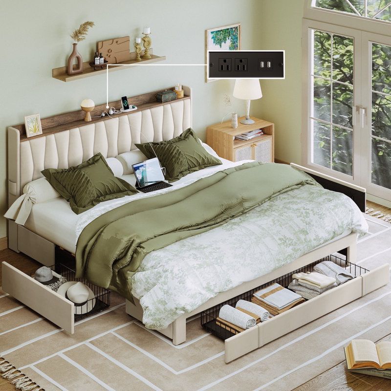 King Upholstered Bed Frame with 3 Drawers, Bed with Storage Headboard and Charging Station