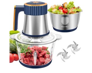 Food Processor, 5-Speed Food Chopper, Electric Meat Grinder, Blue 2 Bowls (8 Cup+8 Cup) & 2 Sets of Blades, Meat Processor for Meat, Vegetables, Fruit